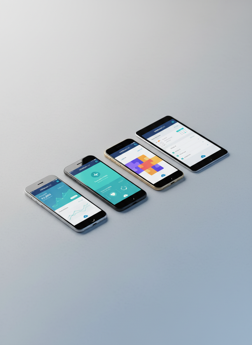 A row of three different smartphones and one tablet, each angled slightly differently on a smooth, light concrete surface, all displaying consistent branding for an InfoBulut LLC app suite: a finance app, a health tracker, a puzzle game, and a productivity tool. Each screen features polished UI design with cohesive color schemes and iconography, demonstrating cross-platform consistency. Overhead softbox lighting creates even illumination with subtle shadows beneath each device, emphasizing their sleek metal and glass construction without glare. The background gradients gently from light gray to a soft blue, adding depth while remaining unobtrusive. Captured from a high, three-quarter angle with moderate depth of field and photographic realism, the composition conveys versatility, scalability, and a unified ecosystem of mobile experiences.