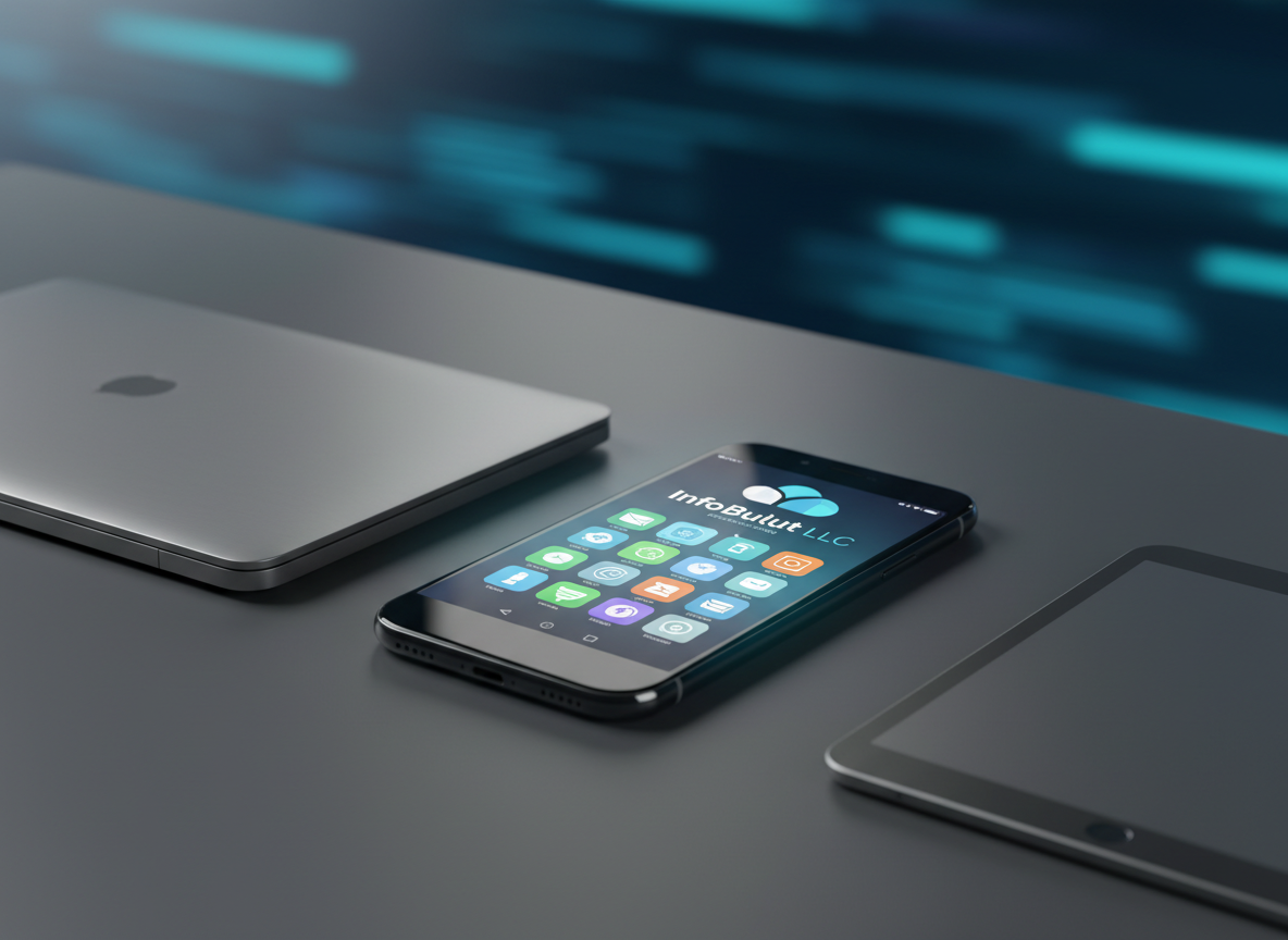 A sleek black smartphone with a nearly bezel-less, glowing home screen displaying a clean InfoBulut LLC logo and a grid of modern app icons, resting on a matte dark-gray desk beside a closed silver laptop and a minimalist tablet. Subtle reflections skim across the phone’s polished glass surface under soft, diffused studio lighting, creating gentle highlights on the device edges and faint shadows around it. The background fades into a subtle bokeh of abstract blue and teal light streaks, suggesting data and connectivity. Captured from a slightly elevated, three-quarter angle with shallow depth of field, the composition feels balanced and professional, emphasizing clarity, precision, and cutting-edge mobile technology in a realistic, photographic style.
