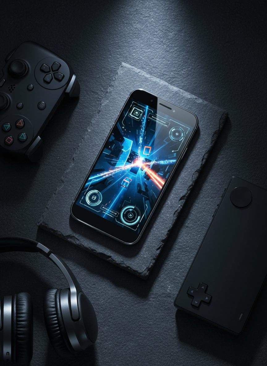 A high-end smartphone lying flat on a textured charcoal surface, its screen displaying a vivid mobile game in mid-action: glowing 3D shapes, dynamic particle effects, and a sleek futuristic HUD interface. Around the phone, small props like a wireless controller, noise-canceling headphones, and a compact gaming console are arranged with deliberate spacing, all in matte black and brushed metal finishes. A focused, cool-toned spotlight from above accentuates the phone’s glossy glass and sharp aluminum edges, creating dramatic contrast with the darker background. Shot from a top-down, bird’s-eye perspective with crisp, photographic realism, the composition feels energetic and immersive while maintaining a refined, professional aesthetic that reflects polished mobile game development.
