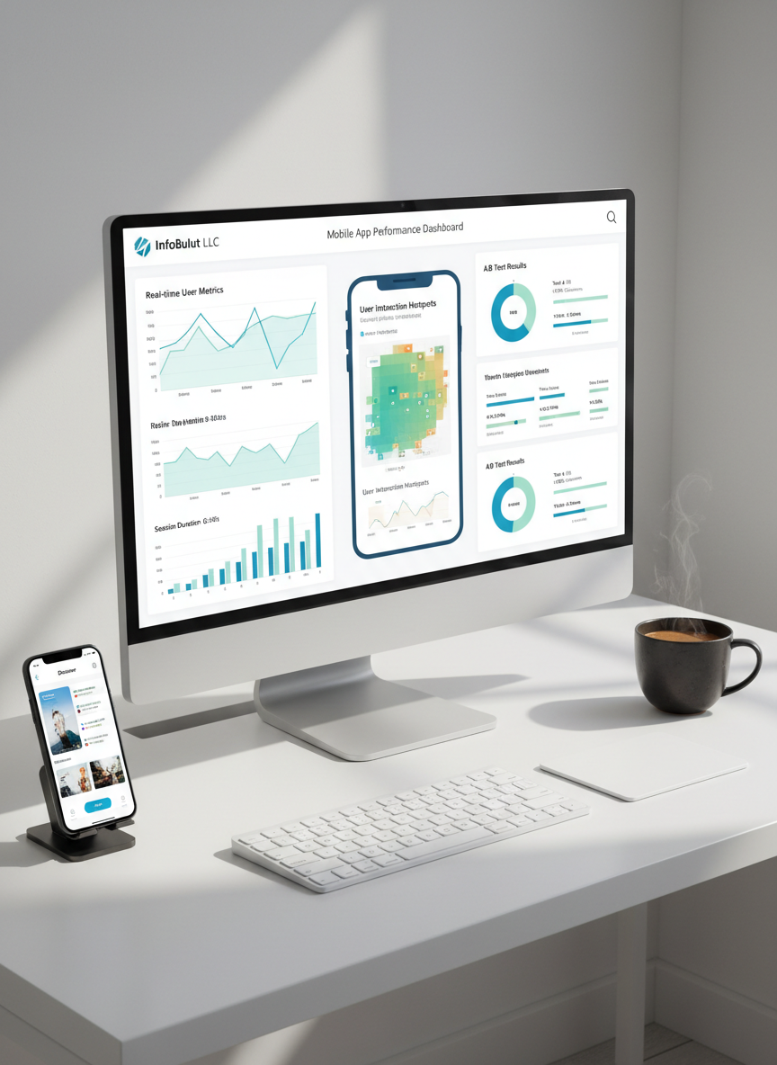 A clean, ultrawide monitor on a minimalist white desk displaying a detailed mobile app analytics dashboard: charts, real-time user metrics, heatmaps, and A/B test results in a balanced palette of blues, greens, and subtle oranges. Beside the monitor, a docked smartphone shows the live app interface that the analytics refer to, perfectly synchronized. The workspace includes a wireless keyboard, a slim trackpad, and a dark ceramic mug, all neatly arranged. Soft daylight filters in from an unseen window to the right, creating natural highlights on the monitor frame and gentle shadows on the desk. Captured from a slightly elevated angle with sharp focus and a clean, photographic style, the atmosphere is organized, data-driven, and professional, underscoring InfoBulut LLC’s commitment to performance-focused mobile development.